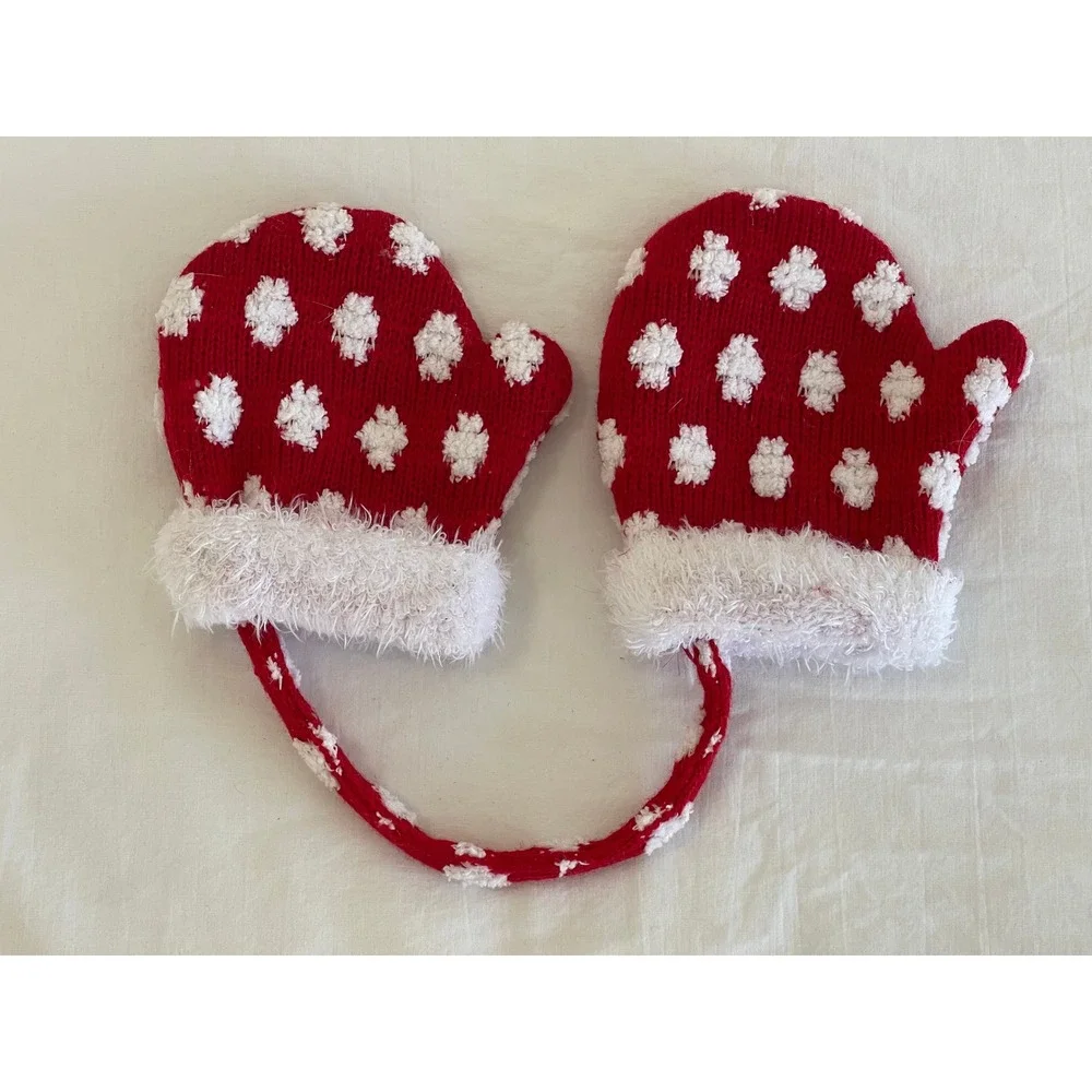 Kids Red White Knit Mittens with String Snowflake Pattern Faux Fur Trim‎ Winter